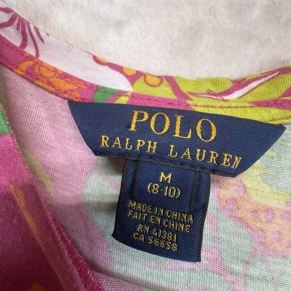 Polo Ralph Lauren Girls Dress M 8-10 Hibiscus Floral Pink Tropical